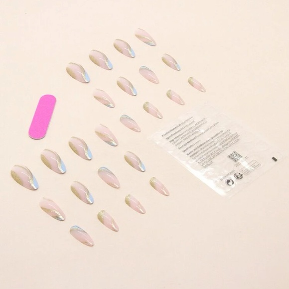 24pcs Long Almond Golden Line Glitter Print Press On Nail Set❤️ - Picture 2 of 7